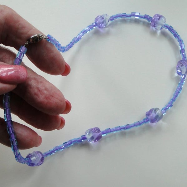 Necklace with lilac and clear twist lampwork handmade glass beads -one of a kind