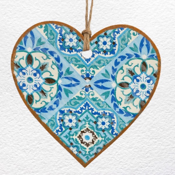 Blue Diamond: Decoupaged Wooden Hanging Heart 15cm (6")