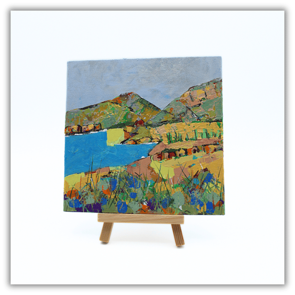 A small original landscape painting - Scottish highlands - with display easel 