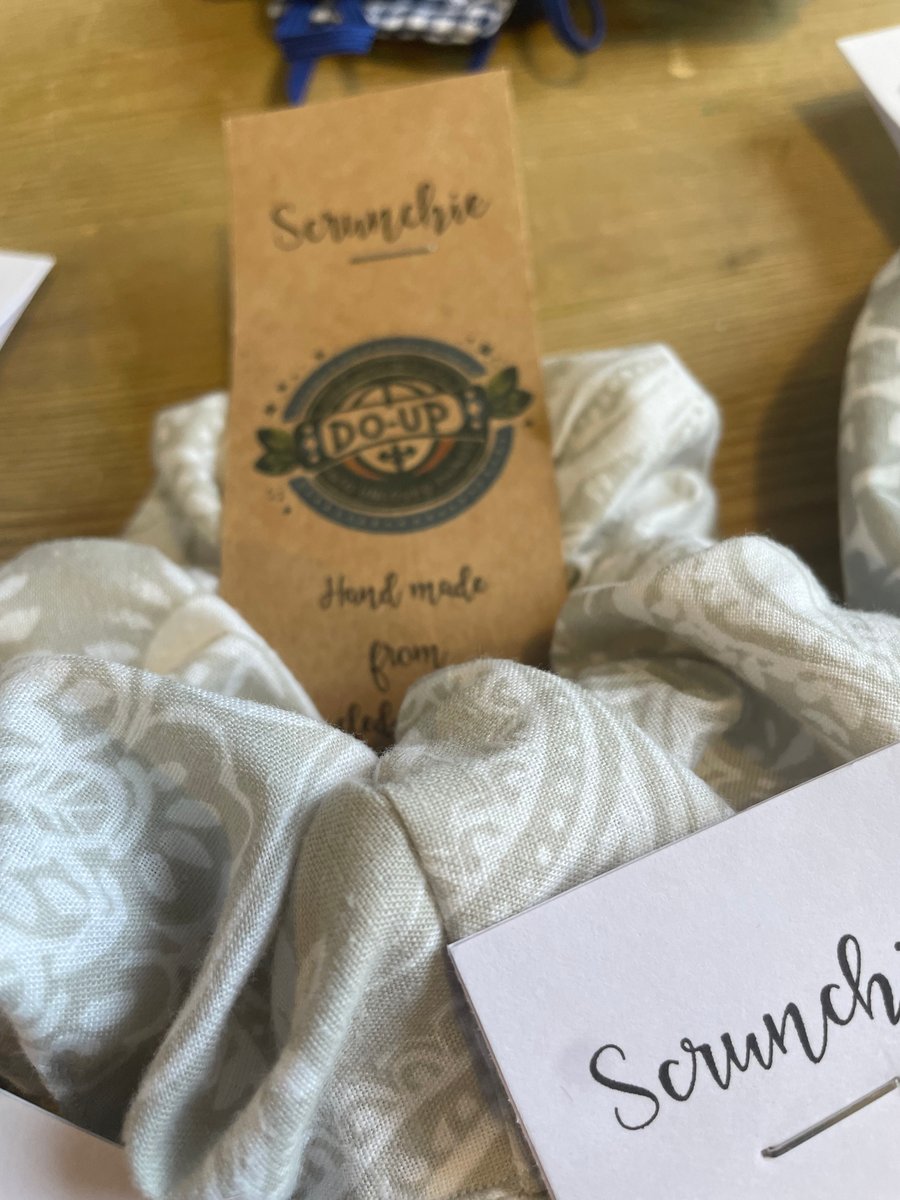 Hand made Eco Scrunchie - Light grey with white paisley