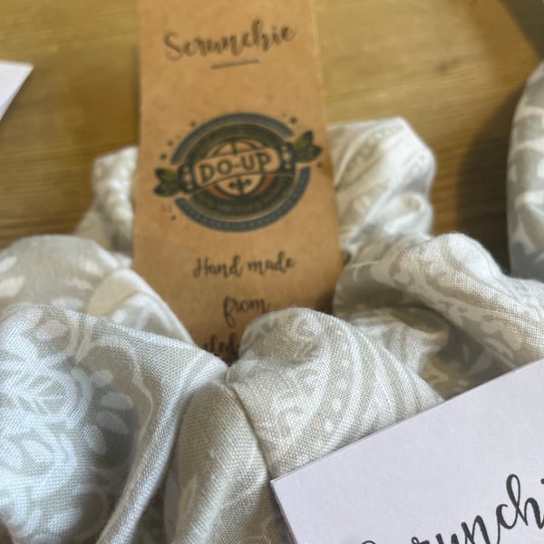 Hand made Eco Scrunchie - Light grey with white paisley