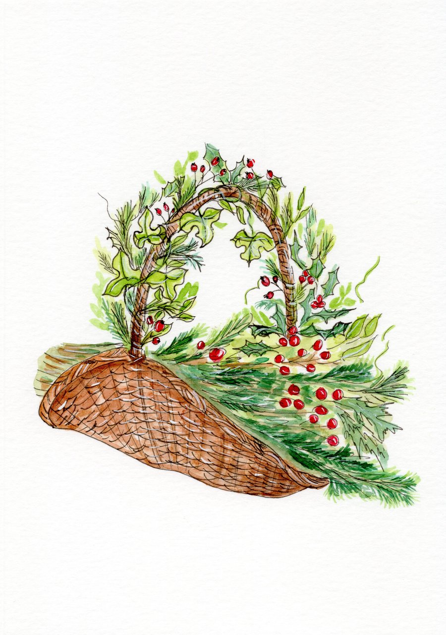 Gardener’s Christmas Wreath Card – Basket of Fresh Greenery & Berries