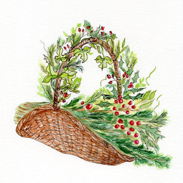 Gardener’s Christmas Wreath Card – Basket of Fresh Greenery & Berries