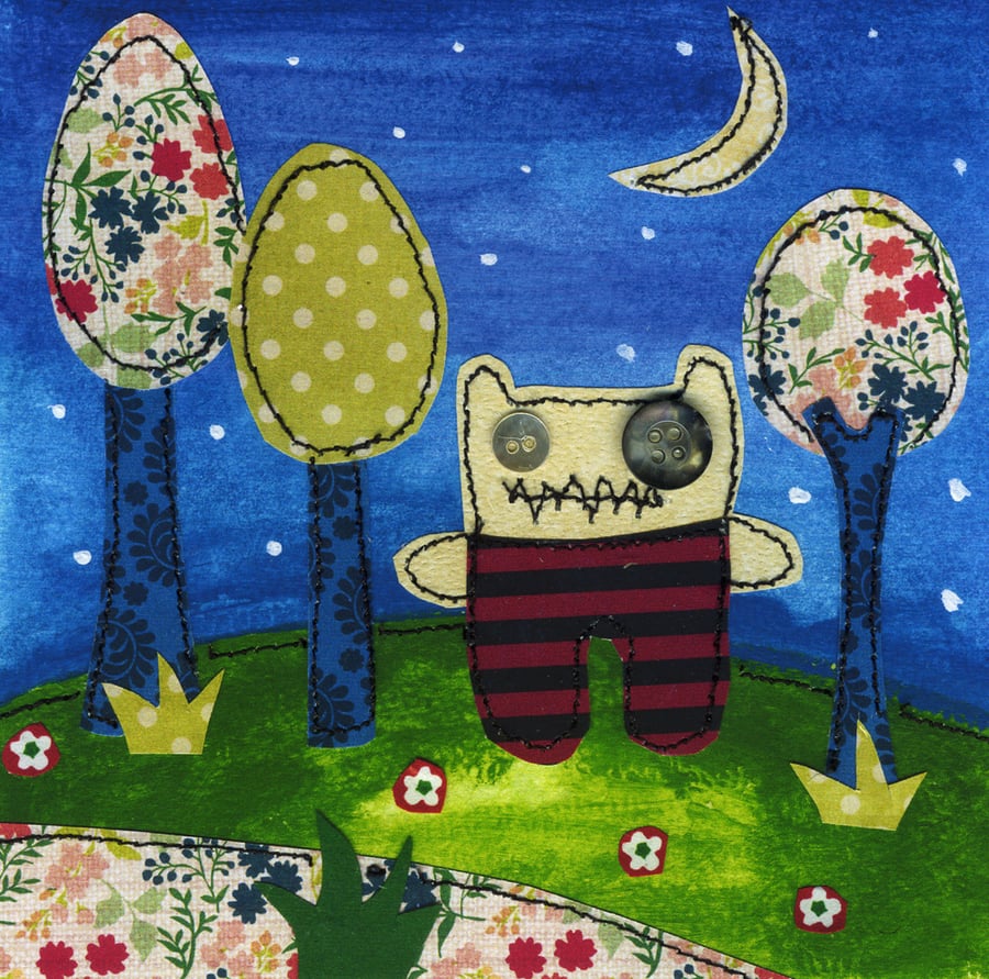 Woodland Monster Art Print With Stitching From Original Painting By Diane Taylor