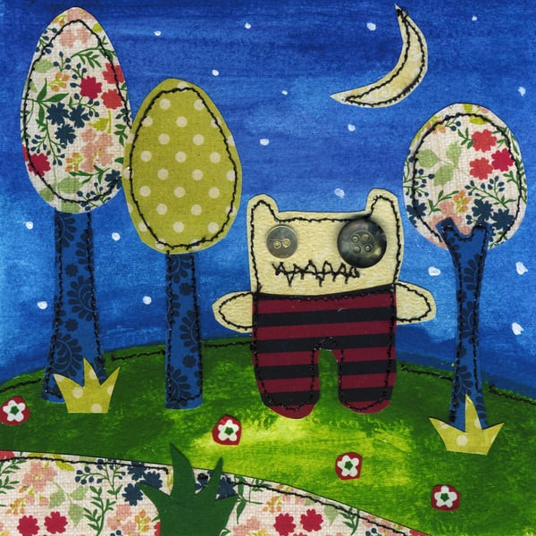 Woodland Monster Art Print With Stitching From Original Painting By Diane Taylor