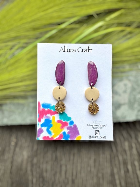Chartreuse & Purple Clay Earrings - Modern Geometric Drop Jewellery