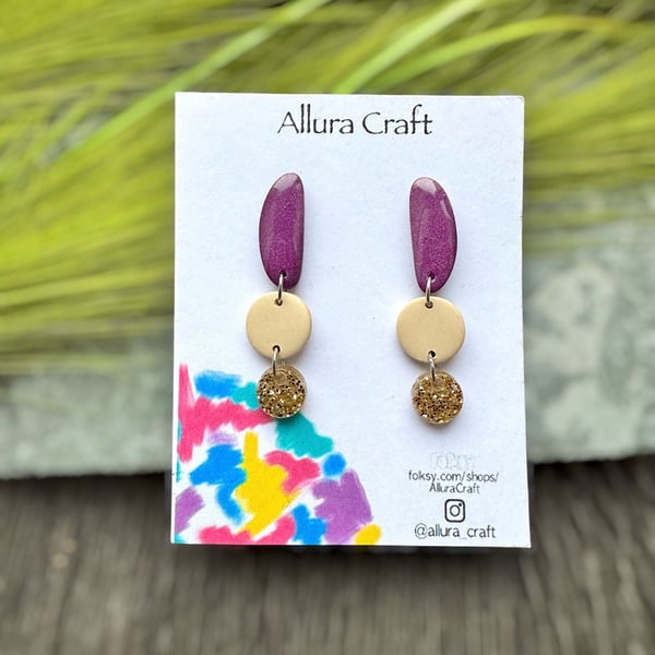 Chartreuse & Purple Clay Earrings - Modern Geometric Drop Jewellery