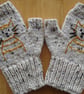 Hand Knitted and Embroidered With A Cat Fingerless Gloves (J176)