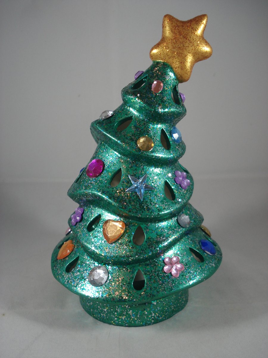 Green Ceramic Xmas Christmas Tree Tea Light Candle Holder Ornament Decoration.