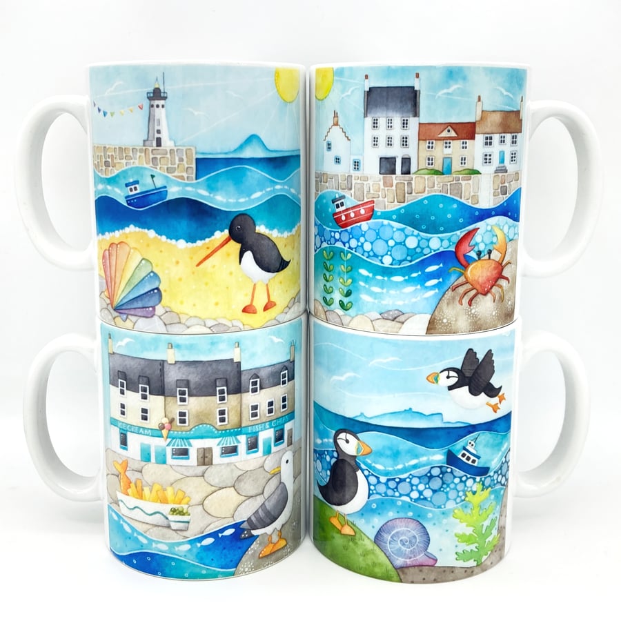 Set of 4 Seaside Mugs - Puffin, Seagull, Crab - Nautical Coastal Kitchen Decor