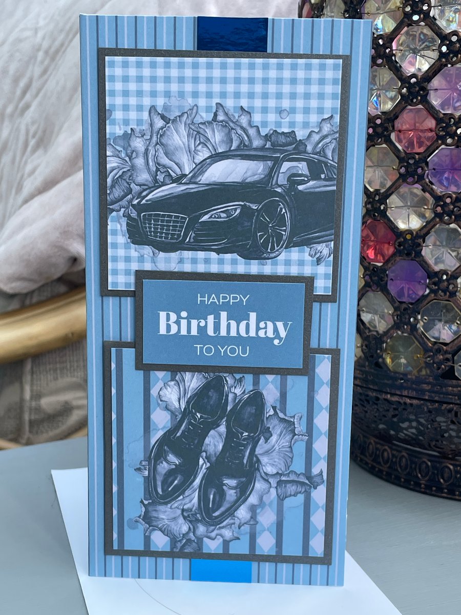 Luxury Black car and mens shoes birthday card