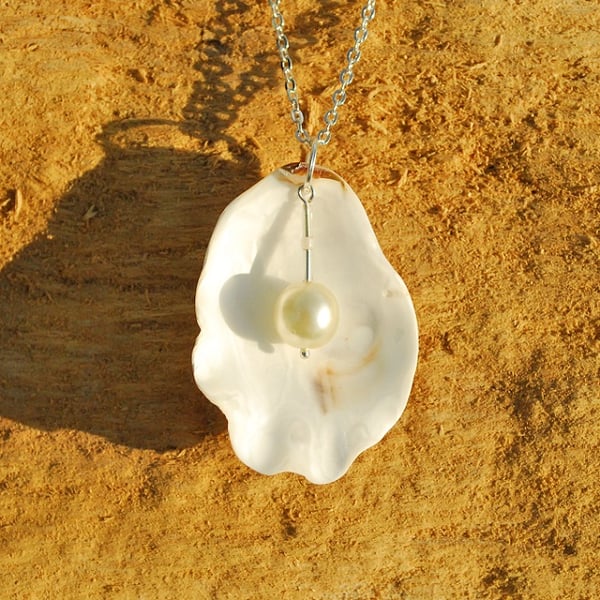 Oyster shell and glass pearl pendant