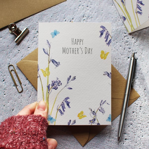  Mother's Day Card Bluebells and Butterflies Watercolour Card