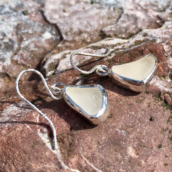 Beige Grey Sea Glass  and Sterling Silver Drop Earrings - 1070