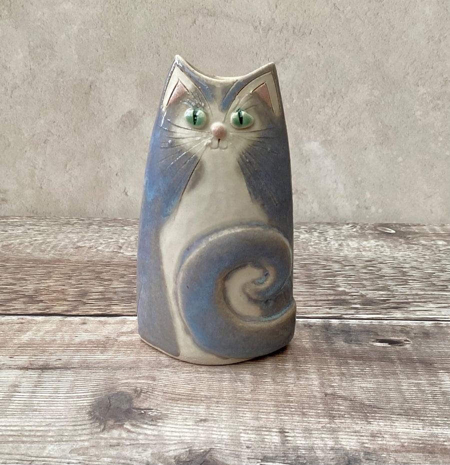 Handmade small grey cat vase
