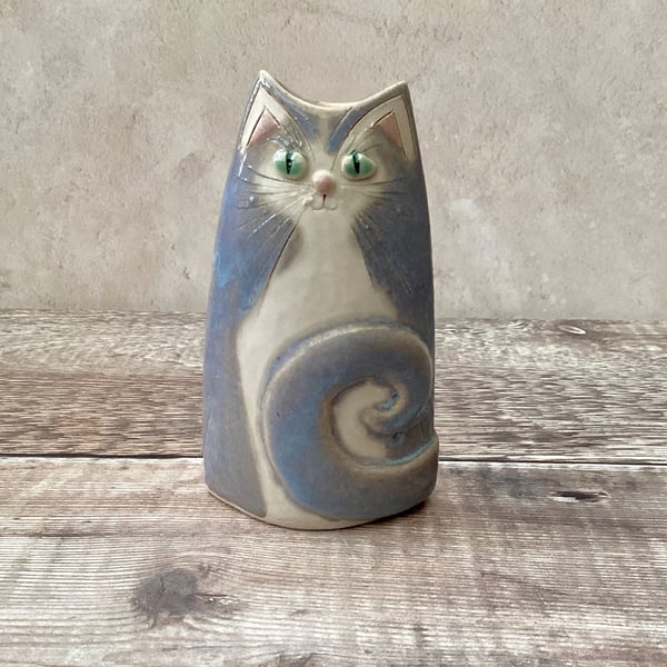 Handmade small grey cat vase
