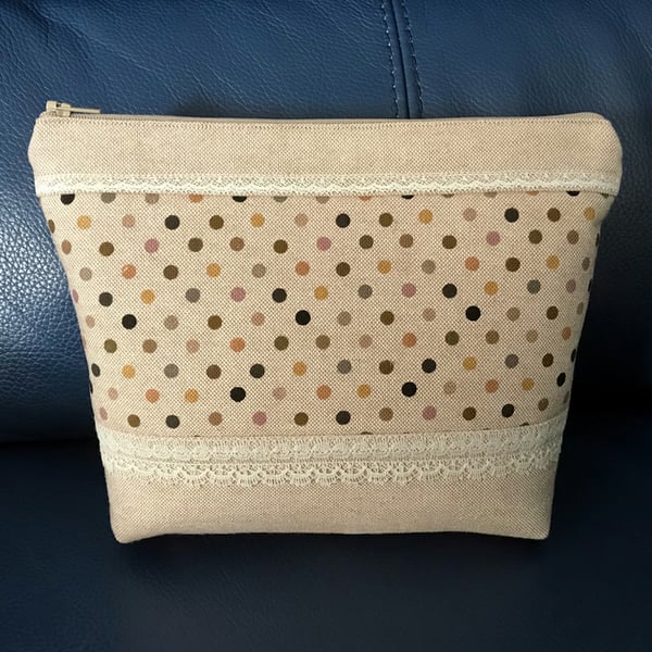 Toiletry Bag, Make Up Bag, Handcrafted Zip Pouch, Water Resistant Lining, Spotty