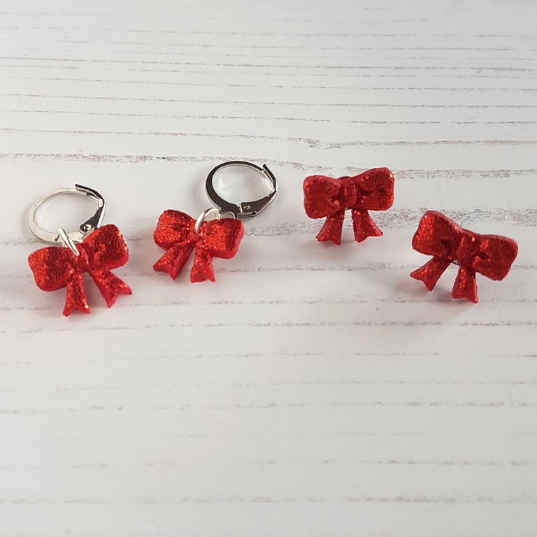 Glitter bow earrings - choose red or gold, hoops or studs