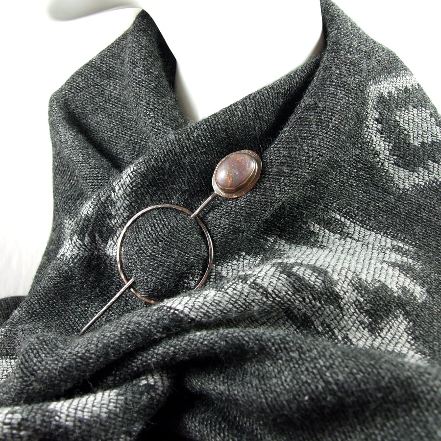 Copper Artisan Shawl Pin Brooch. Features Handmade Marbled Cabachon