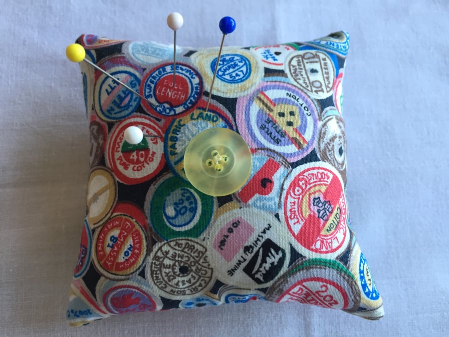 Cotton reel fabric pin cushion 