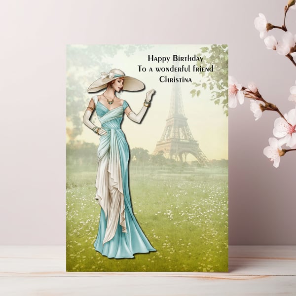 Personalised 3D Art Deco Lady Greeting Card. Christina. Blue & White