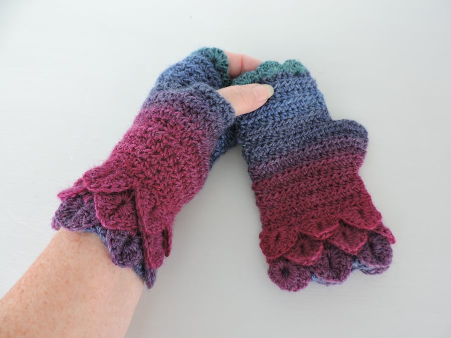 Fingerless Mitts Gloves Dragon Scale Cuffs Ruby Red , Airforce Blue, Sea Green