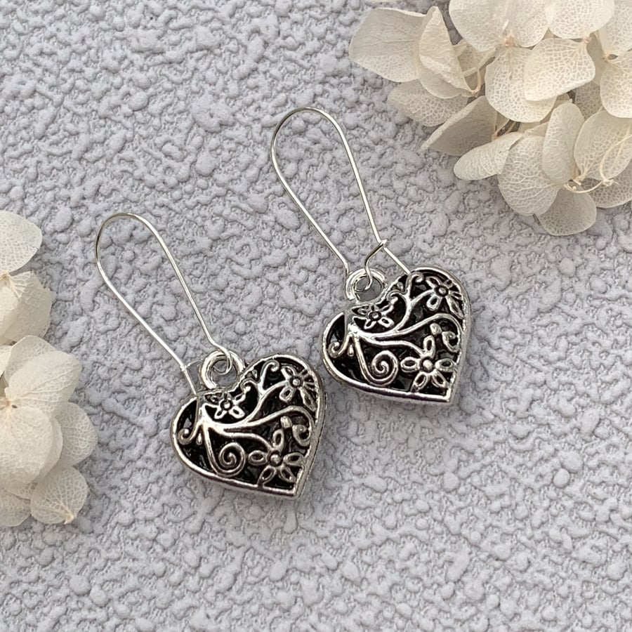 Silver Filigree Heart Charm Drop Earrings