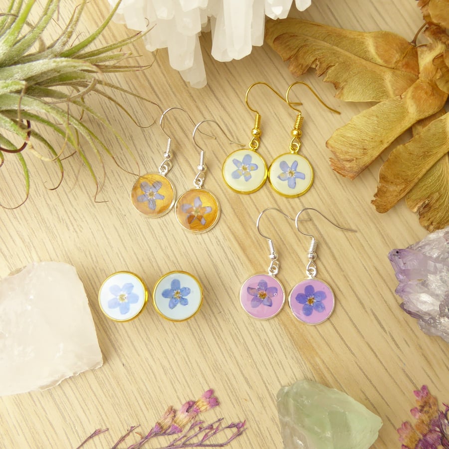Forget Me Not Earrings, Blue Flower Earrings with Resin:Polymer Clay:Real Flower