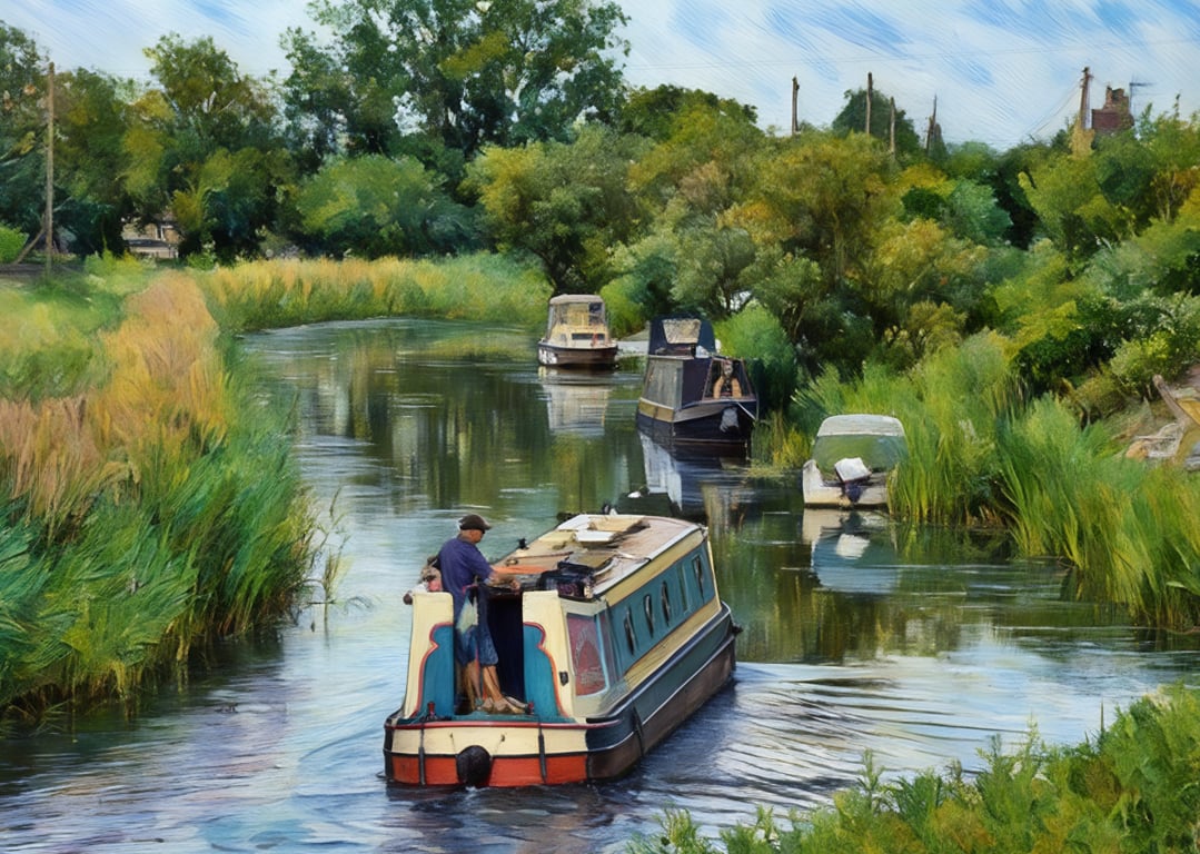 Narrow Boat on Norfolk Fens Art Greeting Card A5