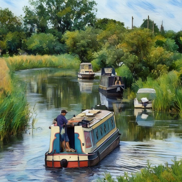 Narrow Boat on Norfolk Fens Art Greeting Card A5