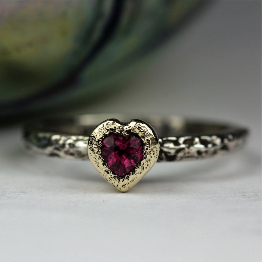 Pink Tourmaline silver and gold Heart Treasure ring