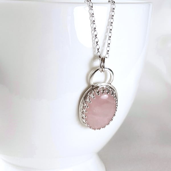 Sterling Silver Rose Quartz Pendant Necklace, Genuine Rose Quartz, Handmade UK