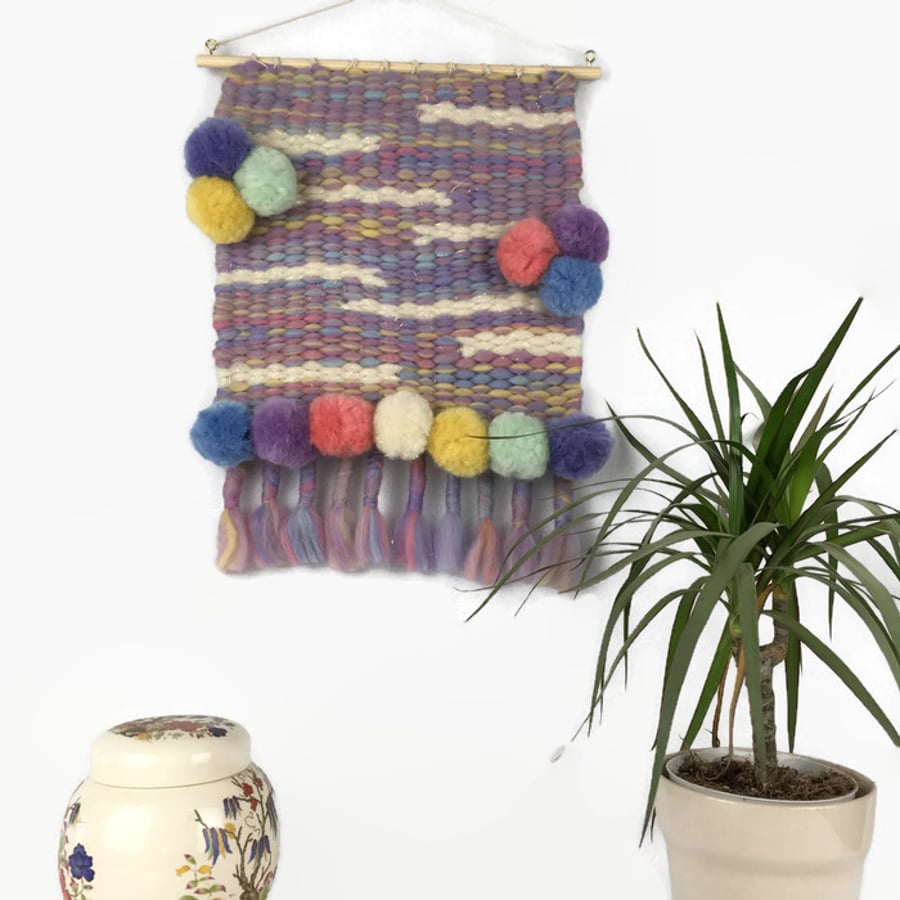 Wall hanging, peg woven in a blend of merino wool with pom poms - SALE ITEM