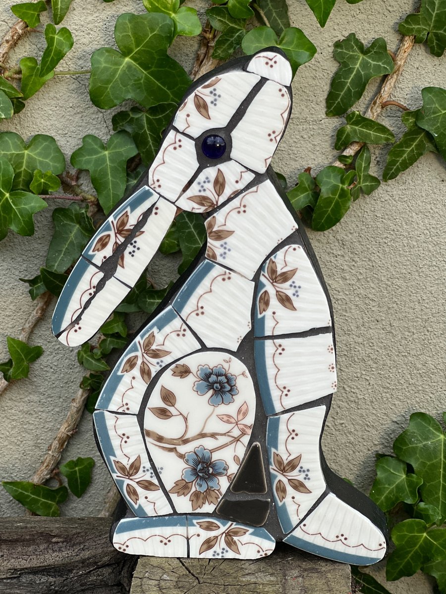 Mosaic Moon Gazing Hare, Made with Vintage china, Ceramic Mosaic Art