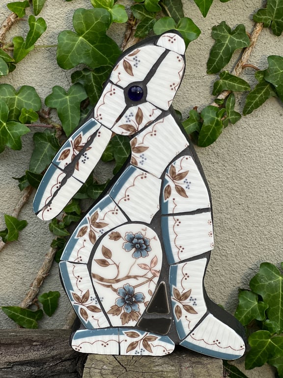Mosaic Moon Gazing Hare, Made with Vintage china, Ceramic Mosaic Art