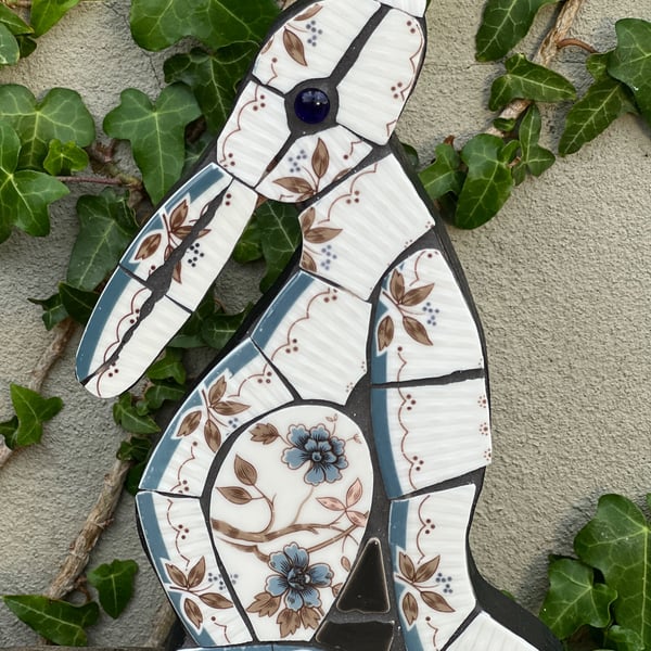 Mosaic Moon Gazing Hare, Made with Vintage china, Ceramic Mosaic Art