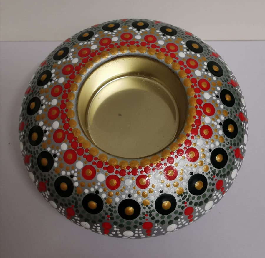 Hand painted red and silver mandala tea light holder