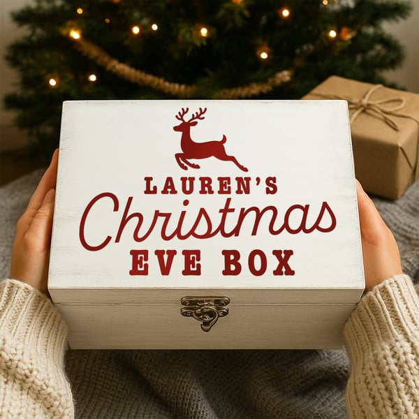 Personalised Christmas Eve Box Vinyl Sticker – Reindeer Design – Custom Label