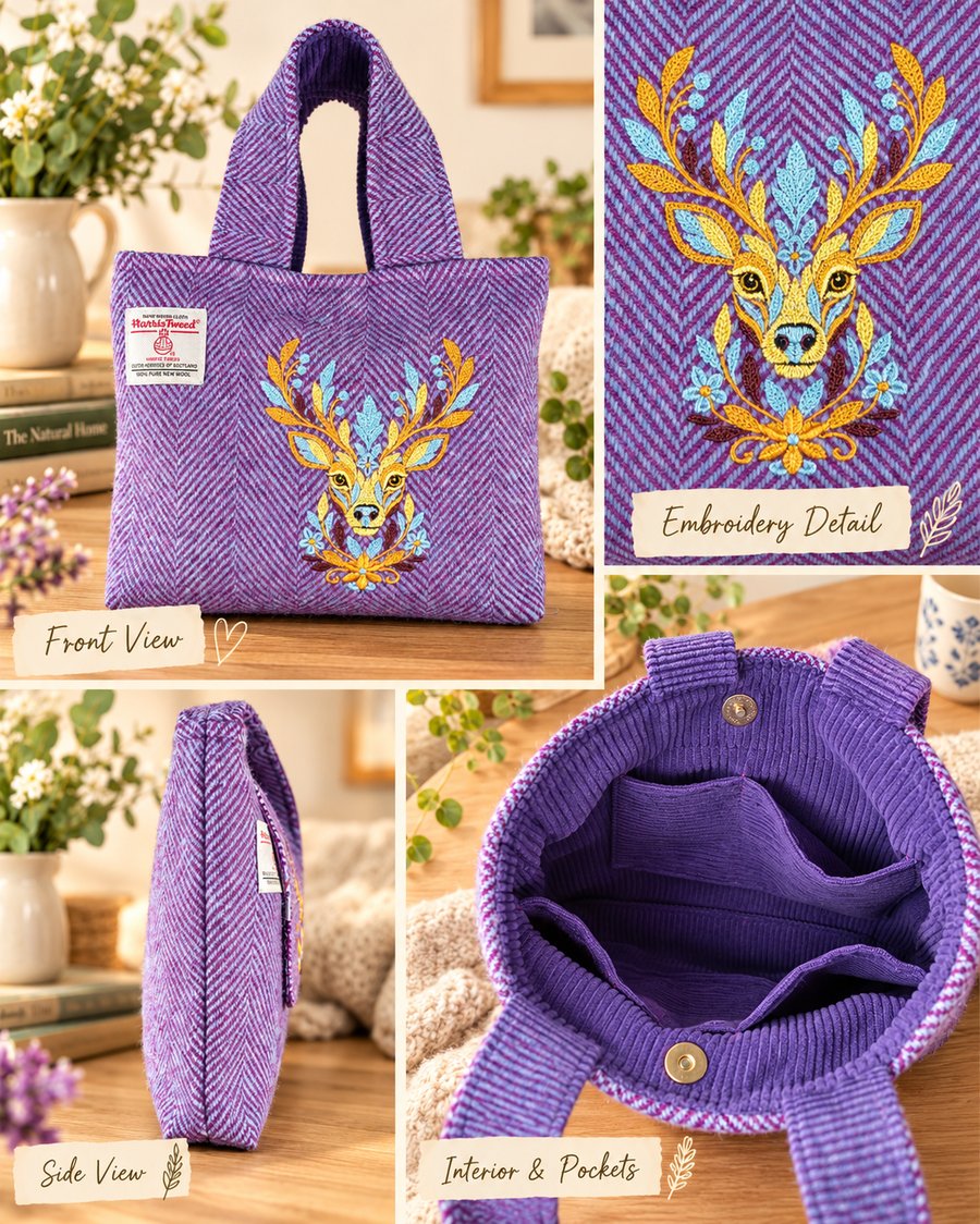 Harris tweed Bucket bag with embroidered Stag
