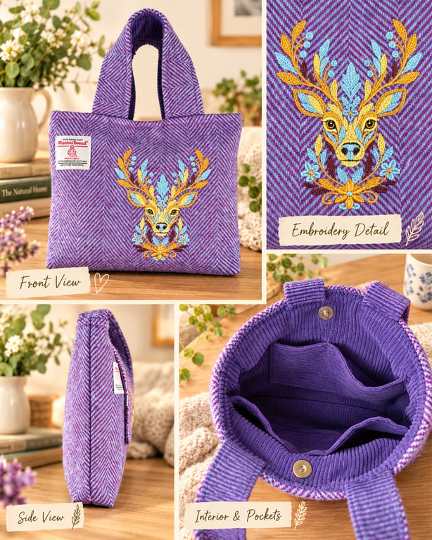 Harris tweed Bucket bag with embroidered Stag