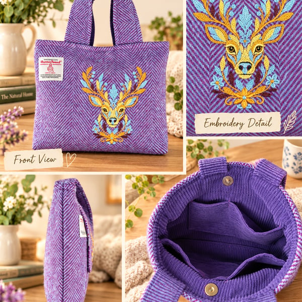 Harris tweed Bucket bag with embroidered Stag