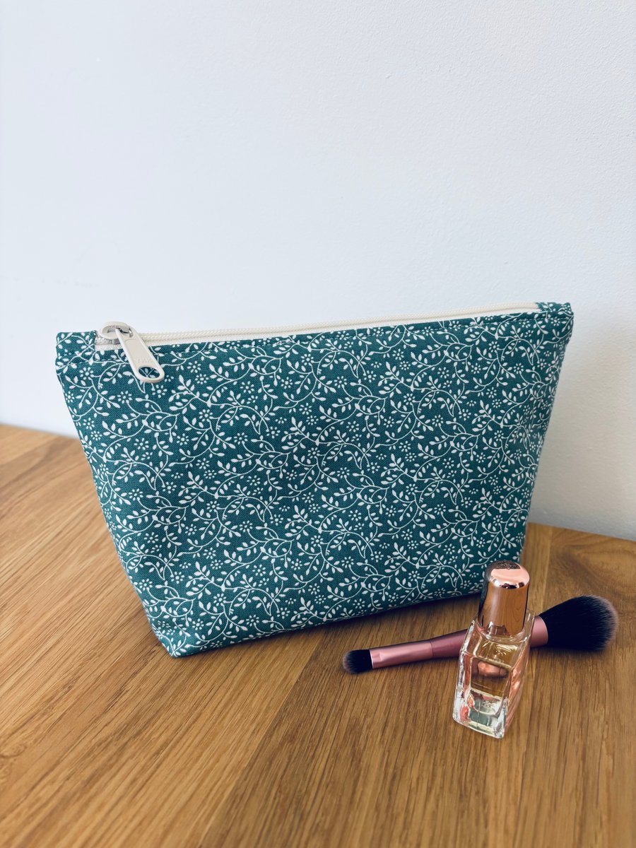 Make up bag, small toiletry bag, water resistant lining, in green floral design