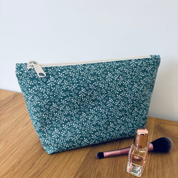 Make up bag, small toiletry bag, water resistant lining, in green floral design