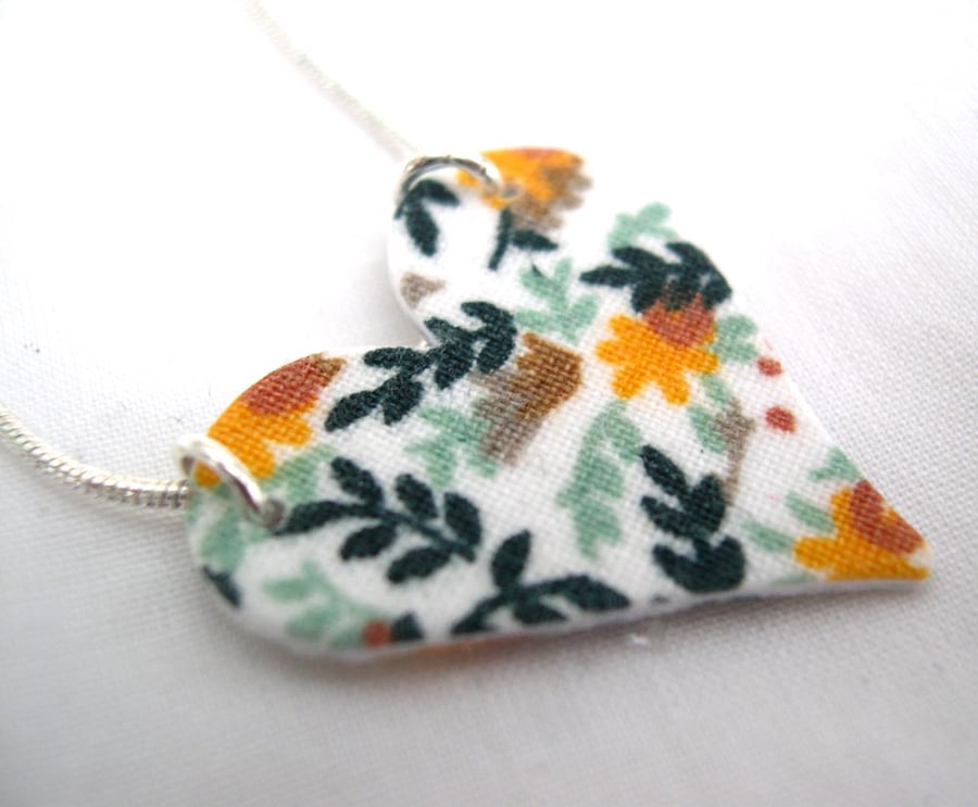 Yellow Ditsy Floral Hardened  Heart Necklace 