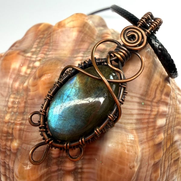 Love Tokens: Copper Wire Wrapped Labradorite Pendant On Waxed Cord Necklace