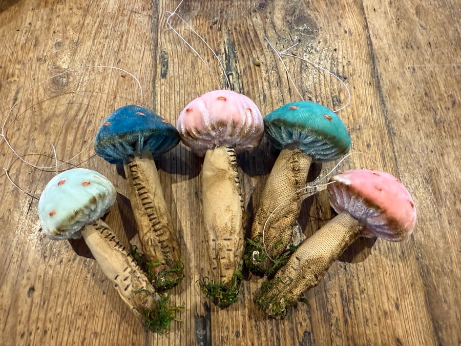 Group of 5 Handmade Silk Velvet Toadstools Mushroom Ornaments