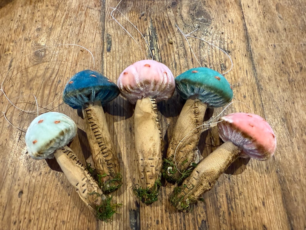 Group of 5 Handmade Silk Velvet Toadstools Mushroom Ornaments