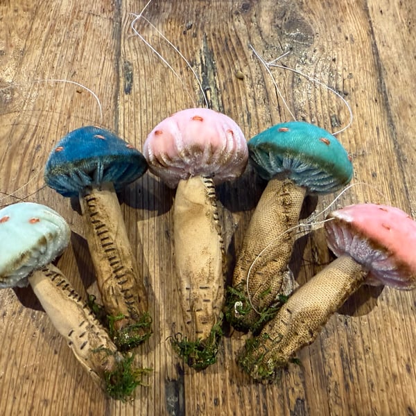 Group of 5 Handmade Silk Velvet Toadstools Mushroom Ornaments