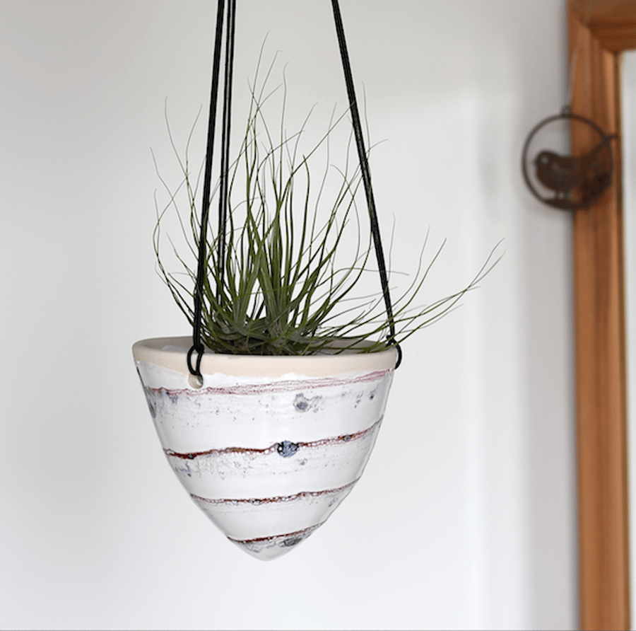 Indoor ceramic hanging planter in red white and blue - handmade pottery