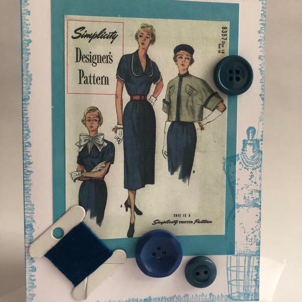 1950s Simplicity Designer's Dress Pattern Embellished Blank Birthday Card